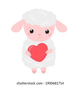 
Little cute cartoon sheep holding a heart Valentine's Day