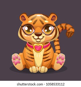 Little cute cartoon sitting baby tiger icon. Funny young animal pet. Vector illustration.