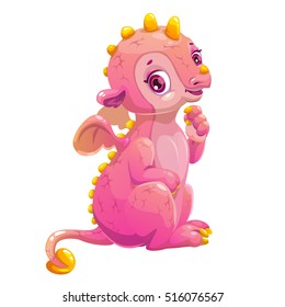 Little cute cartoon sitting pink dragon. Fantasy animal icon. Vector illustration. Isolated on white background.