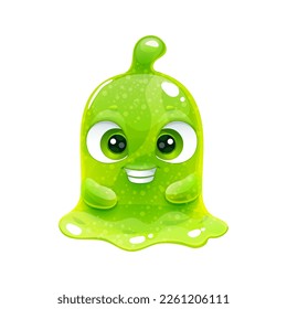 Little cute cartoon slime character. Funny tiny green slimy monster. Isolated vector icon on white background. 