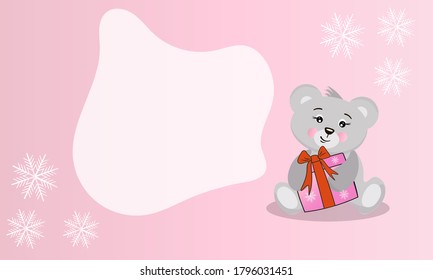 Little cute  cartoon teddy bear with a holiday gift.
Kids toy.
Pink background with place for text and snowflakes.
For greeting cards, flyers, labels.
Vector greeting card.