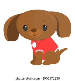 Little cute cartoon toy puppy in a knitted blouse