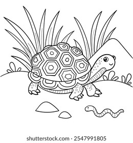 Little cute cartoon turtle. Black and white line drawing. Loyalty for children's design of coloring books, prints, posters, postcards, stickers, etc. Vector illustration.