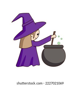 Little cute cartoon witch brews a potion in a cauldron. Vector illustration.