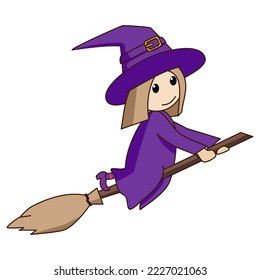 Little cute cartoon witch flying on a broomstick. Vector illustration.