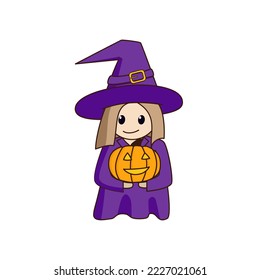 Little cute cartoon witch holds a smiling pumpkin in her hands. Vector illustration.