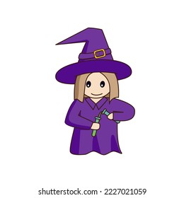 Little cute cartoon witch pours a potion into a test tube. Vector illustration.