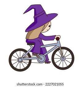 Pequeña bruja de dibujos animados montando una bicicleta. Ilustración vectorial.