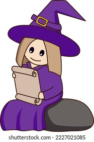 Little cute cartoon witch sits on a stone and reads a scroll. Vector illustration.