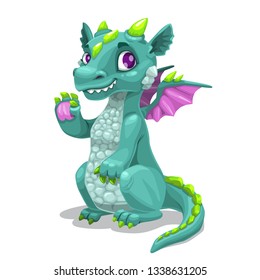 Little cute cartoon young dragon. Fantasy monster illustration. Isolated vector on white background.