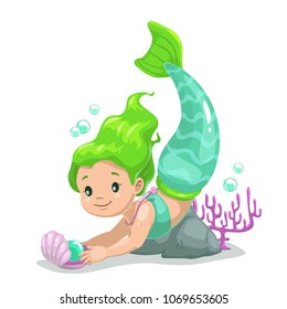 Little cute cartoon young mermaid princess with long green hair. Beautiful vector childish illustration.