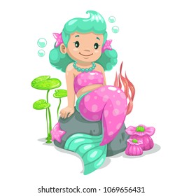 Little cute cartoon young mermaid princess with mint hair. Beautiful antasy vector childish illustration.