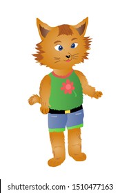 Little cute cat dressed in shorts and tank top. Vector character isolated on white background.