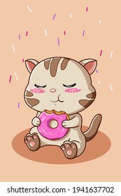 A little cute cat eating a donuts illustration