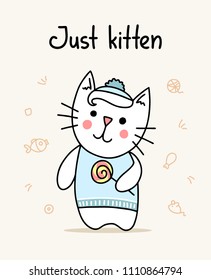 Little cute cat kid with candy. Just kitten flat vector animal illustration poster 