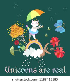 Little cute cat unicorn or caticorn with umbrella in its paws walking along a  magical rainbow. Flowers, autumn tree, butterfly, fantasy teapot with red poppy. Greeting or invitation card in vector.