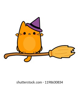 Little cute cat in a witch hat in a cartoon style. Children's illustration on white background.Vector Illustrations for Halloween. Elements for your Halloween.