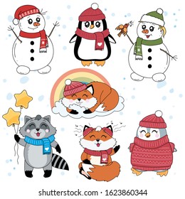 Little cute characters. Winter stickers. Snowman, fox, raccoon, penguin.