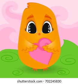 Little Cute Chick Character with Heart on Abstract Background, Cartoon Hand Drawn Vector Illustration EPS10