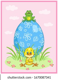 Little cute chicken and  funny frog with a big Easter egg. Easter card on a pink background. in cartoon style. Vector illustration.