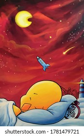 Little cute chicken OU Kiri is sleeping and having a beautiful dream. Dreamy picture with lighthouse, rocket, comet, stars and alarm clock.
Ideal for big prints on canvas or poster design.