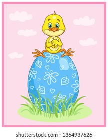 Little cute chicken sits on a Easter egg. Easter card in cartoon style. Vector illustration.