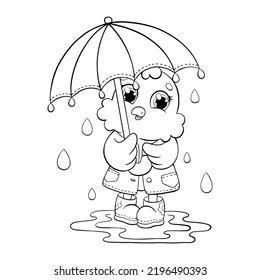 A little cute chicken stands under an umbrella. Coloring book page for kids. Cartoon style character. Vector illustration isolated on white background.