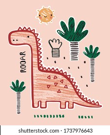 Little cute child dinosaur. Jurassic World. Paleontology. Reptile. Archeology. Flat vector illustration. Textile. Baby print. Fashion print.
