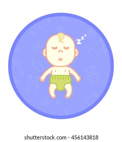 Little cute child, newborn baby sleeping in the cradle, peaceful sleep, children's pattern on the background, flat vector illustration