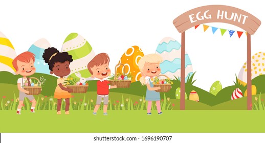 Little cute children carry Easter baskets with colored eggs and first flowers. Banner for the children's game egg hunt. Spring Easter holiday