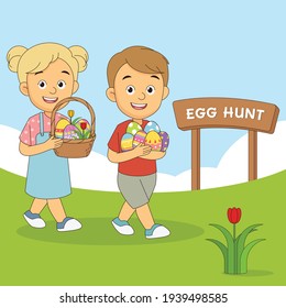 Little cute children carry Easter baskets with colored eggs