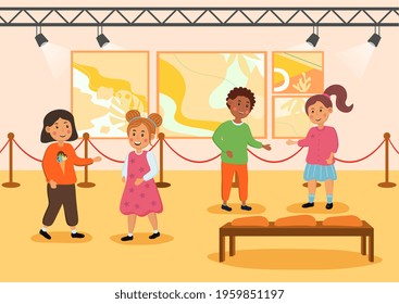 Little cute children on excursion in museum together. Group of happy smiling kids are enjoing time spent in museum watching art in a school trip. Flat cartoon vector illustration