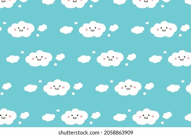 Little cute clouds in the sky. White cloud with adorable face on blue sky background. Flat vector seamless pattern for kids, decoration, print, wallpaper.