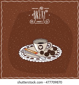 Little cute coffee cup and saucer, spoon, sugar stick and chocolate candies, lie on lacy napkin. Brown background and ornate lettering bakery. Handmade cartoon style