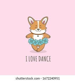 Little cute corgi dog is dancing. I love dance text. Vector cartoon illustration for print, t-shirt, postcard, flyers. 