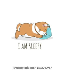 Little cute corgi dog is sleeping on a soft pillow. I am sleepy  text. Vector cartoon illustration for print, t-shirt, postcard, flyers. 