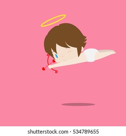 a little cute cupid aiming his bow at someone. Illustration of a Valentine's Day. Vector. Isolated on pink background