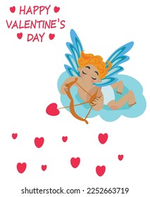 Little cute Cupid with bow and many little hearts. Valentines day. Amur. Love. The 14th of February. Valentine