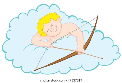 little cute cupid flying at the clouds hits his target