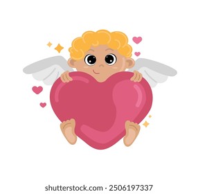 Little cute Cupid holds a heart in his hands. Concept love. Sticker love, cupid, passion. I give you my heart