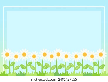 little cute daisy field with blue sky theme frame, vector illustration