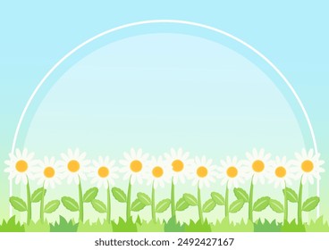 pequeño lindo campo de margarita con cielo azul y marco de arco, Ilustración vectorial