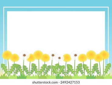 little cute dandelion field with blue sky theme frame, vector illustration