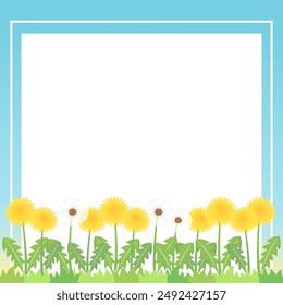pequeño campo de diente de león lindo con marco de tema azul, Ilustración vectorial