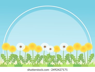 pequeño campo de diente de león lindo con cielo azul y marco de arco, Ilustración vectorial