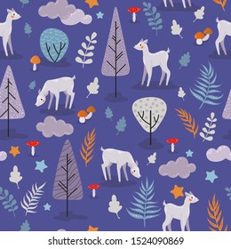 Little cute deers in the autumn forest on a blue background. Children's textile, seamless pattern