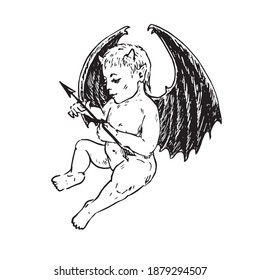 Little cute devil baby holding arrow, doodle drawing, woodcut style