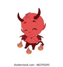 Little cute devil dancing around fire