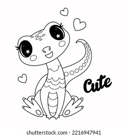 Little cute dinosaur. Black and white linear drawing. For children's decoration of coloring books, prints, posters, stickers, postcards, puzzles and so on. Vector