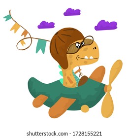Little cute dinosaur pilot flies on an airplane. Vector illustration.